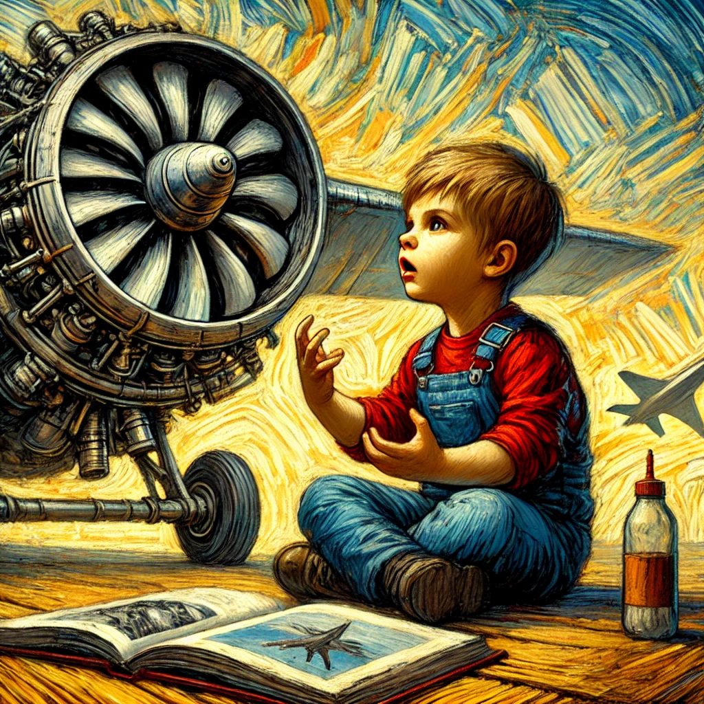 Hotels and Jetengines-  A young boy fascinated by jet engines, looking in awe at a jet engine book. Expressionism style