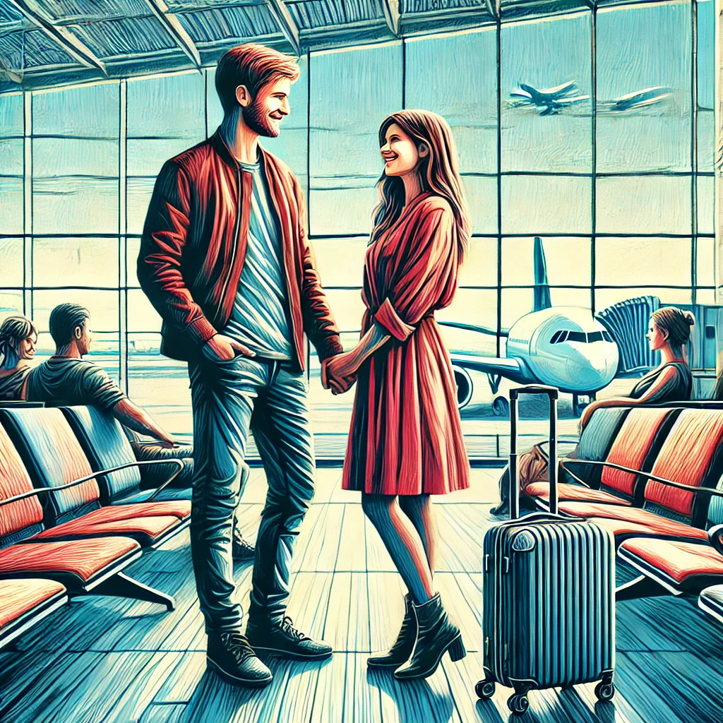 Tourist Destinations That Become Home
-An expressionist-style painting of a couple standing in an airport lounge, recently fallen in love. They are holding hands and smiling at each other, with luggage beside them. The airport lounge is busy with travelers, and large windows show airplanes outside. The couple looks happy and excited, with a romantic atmosphere around them.