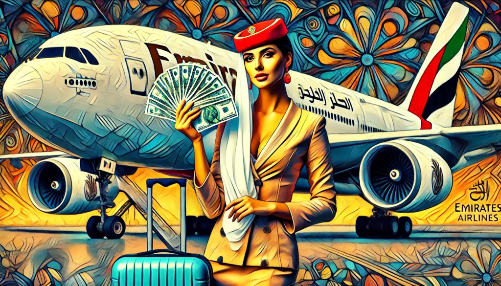 Air hostess courses- Expressionism-style image of a beautiful Emirates Airlines air hostess standing in front of an airplane, holding a luggage bag in one hand and a fan of money in the other.