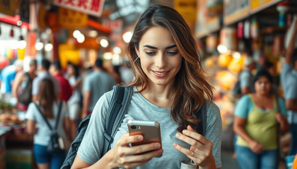 Solo female traveler using a smartphone