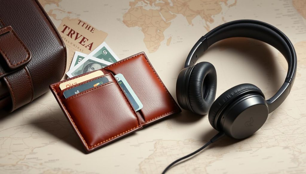 travel wallet and noise-cancelling headphones